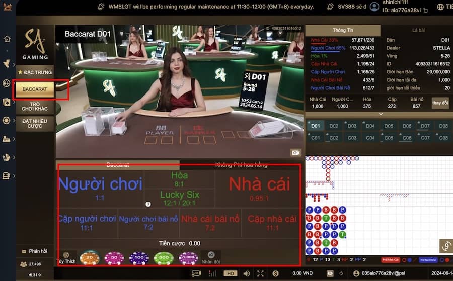 Trong sảnh casino chọn trò chơi "Baccarat"