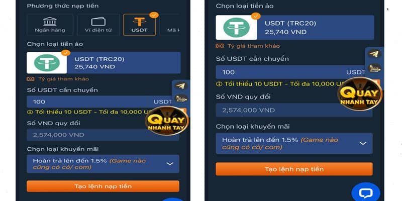 Hình thức nạp tiền qua USDT